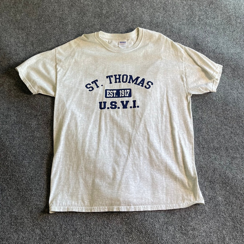 Gildan‎ Mens St Thomas USVI Est 1917 Graphic T-Shirt Heather Grey XL Souvenir